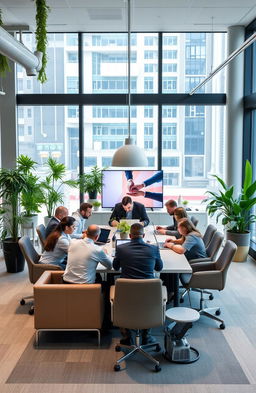 A modern corporate office space featuring sleek furniture, greenery, and large windows allowing natural light