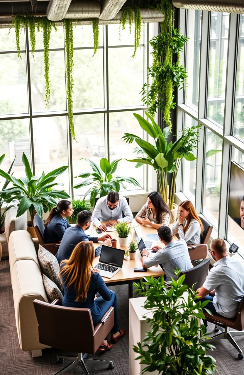 A modern corporate office space featuring sleek furniture, greenery, and large windows allowing natural light