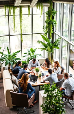 A modern corporate office space featuring sleek furniture, greenery, and large windows allowing natural light