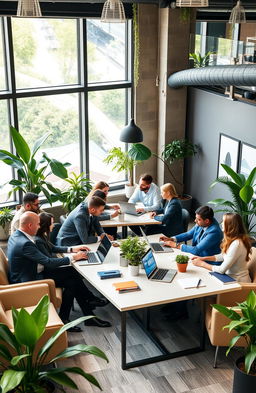 A modern corporate office space featuring sleek furniture, greenery, and large windows allowing natural light