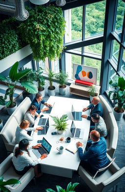 A modern corporate office space featuring sleek furniture, greenery, and large windows allowing natural light