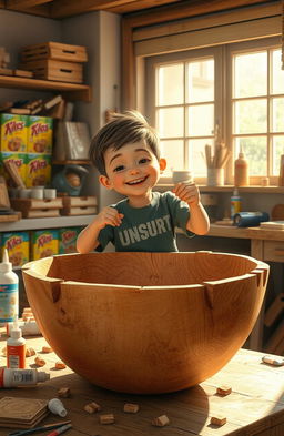 A whimsical scene depicting a young boy happily assembling a large wooden bowl in his workshop