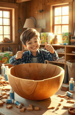 A whimsical scene depicting a young boy happily assembling a large wooden bowl in his workshop