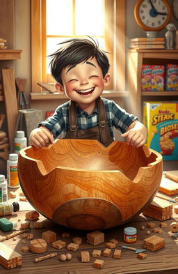 A whimsical scene depicting a young boy happily assembling a large wooden bowl in his workshop