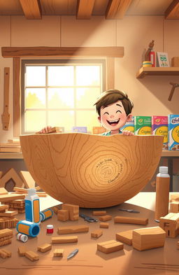 A whimsical scene depicting a young boy happily assembling a large wooden bowl in his workshop