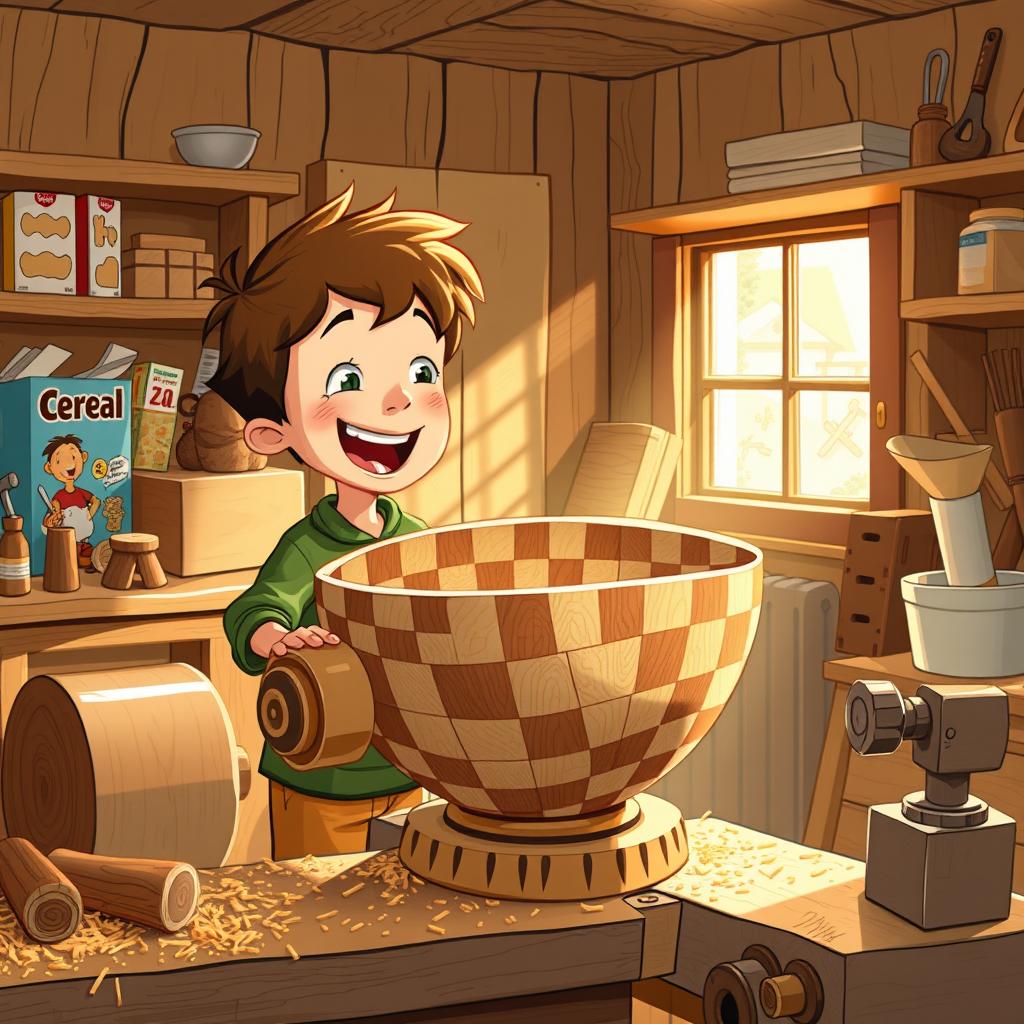 A whimsical illustration of a young boy in his cozy workshop, surrounded by wood shavings and tools, excitedly working on a lathe to craft a large, beautifully intricate wooden bowl made from checkered wood