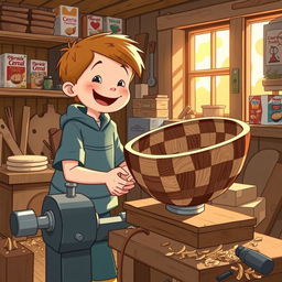 A whimsical illustration of a young boy in his cozy workshop, surrounded by wood shavings and tools, excitedly working on a lathe to craft a large, beautifully intricate wooden bowl made from checkered wood