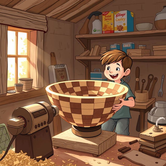 A whimsical illustration of a young boy in his cozy workshop, surrounded by wood shavings and tools, excitedly working on a lathe to craft a large, beautifully intricate wooden bowl made from checkered wood