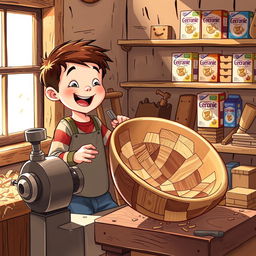 A whimsical illustration of a young boy in his cozy workshop, surrounded by wood shavings and tools, excitedly working on a lathe to craft a large, beautifully intricate wooden bowl made from checkered wood