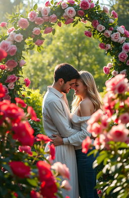 A romantic scene depicting love in full bloom, featuring a couple sharing a tender moment amidst a lush garden filled with vibrant flowers in various shades of red, pink, and white