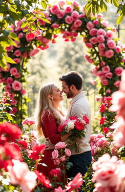 A romantic scene depicting love in full bloom, featuring a couple sharing a tender moment amidst a lush garden filled with vibrant flowers in various shades of red, pink, and white