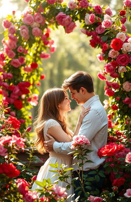 A romantic scene depicting love in full bloom, featuring a couple sharing a tender moment amidst a lush garden filled with vibrant flowers in various shades of red, pink, and white