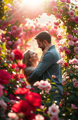 A romantic scene depicting love in full bloom, featuring a couple sharing a tender moment amidst a lush garden filled with vibrant flowers in various shades of red, pink, and white