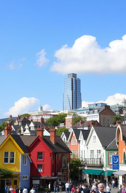 A picturesque city scene featuring small, charming houses clustered together, with a large, impressive building standing prominently in the center