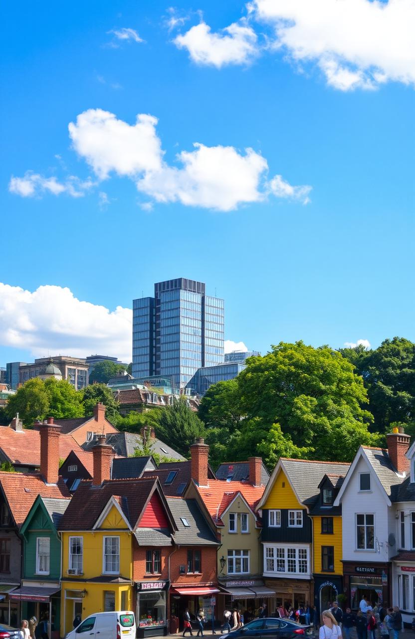 A picturesque city scene featuring small, charming houses clustered together, with a large, impressive building standing prominently in the center