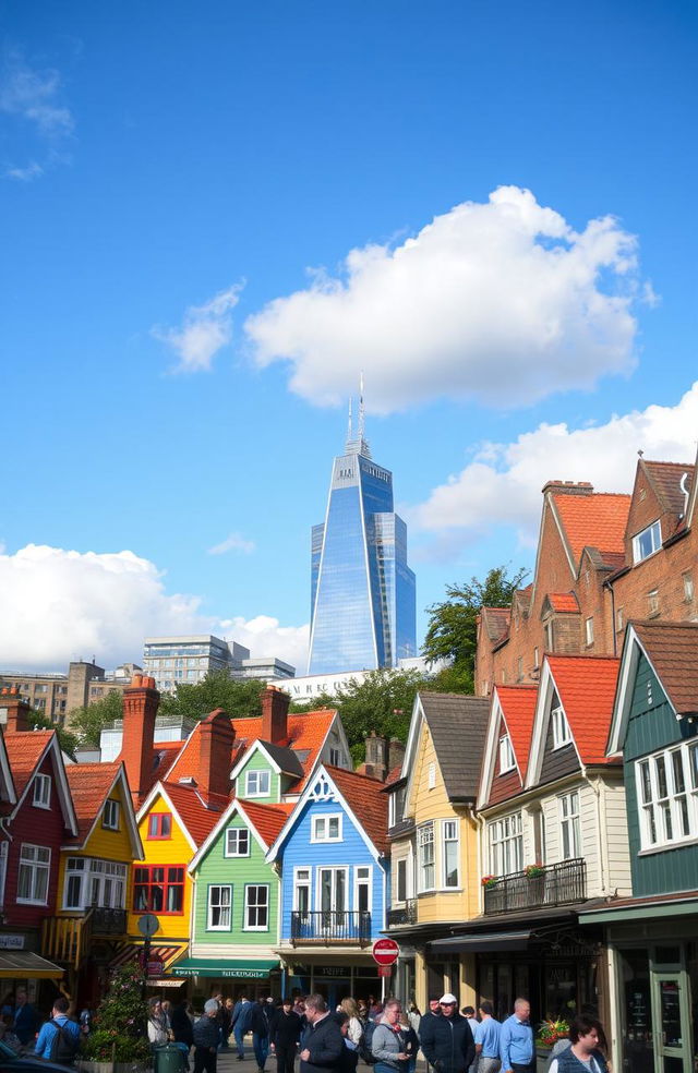 A picturesque city scene featuring small, charming houses clustered together, with a large, impressive building standing prominently in the center