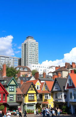 A picturesque city scene featuring small, charming houses clustered together, with a large, impressive building standing prominently in the center