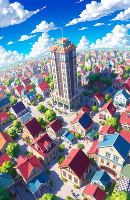A vibrant anime-style aerial view of a city featuring small picturesque houses scattered throughout, with a prominent large building positioned at the center