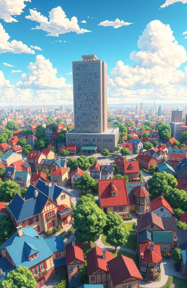 A vibrant anime-style aerial view of a city featuring small picturesque houses scattered throughout, with a prominent large building positioned at the center