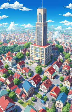 A vibrant anime-style aerial view of a city featuring small picturesque houses scattered throughout, with a prominent large building positioned at the center