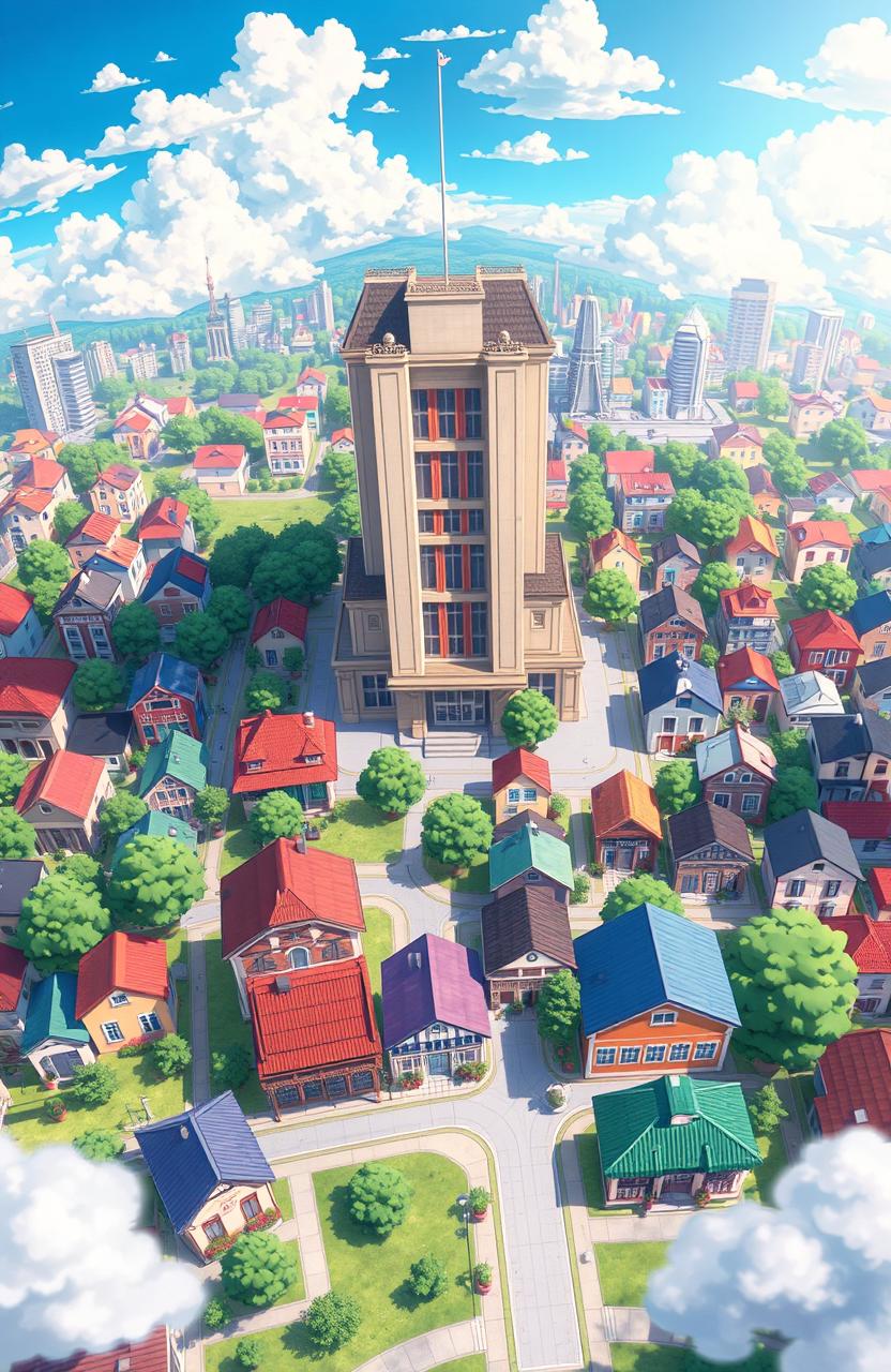 A vibrant anime-style aerial view of a city featuring small picturesque houses scattered throughout, with a prominent large building positioned at the center