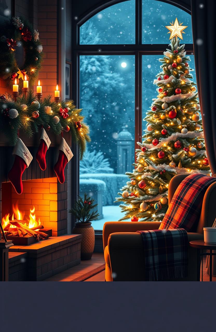 A beautifully decorated Christmas scene featuring a cozy fireplace, adorned with bright stockings and twinkling lights