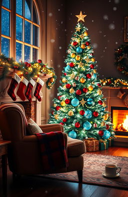 A beautifully decorated Christmas scene featuring a cozy fireplace, adorned with bright stockings and twinkling lights