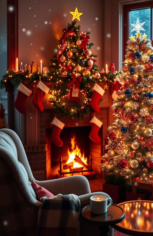 A beautifully decorated Christmas scene featuring a cozy fireplace, adorned with bright stockings and twinkling lights