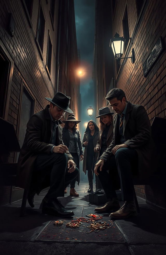 A suspenseful scene depicting detectives investigating the mysterious murder of a woman named Mary White