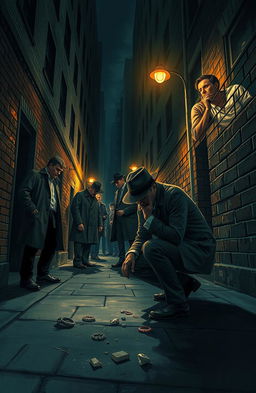 A suspenseful scene depicting detectives investigating the mysterious murder of a woman named Mary White