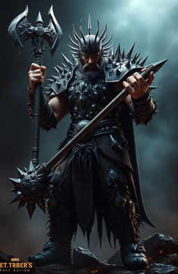 A fearsome male warrior clad in spiked armor, fully adorned with sharp spikes all over his body