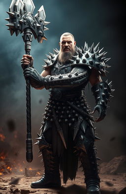 A fearsome male warrior clad in spiked armor, fully adorned with sharp spikes all over his body
