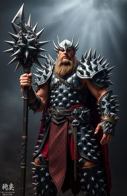 A fearsome male warrior clad in spiked armor, fully adorned with sharp spikes all over his body