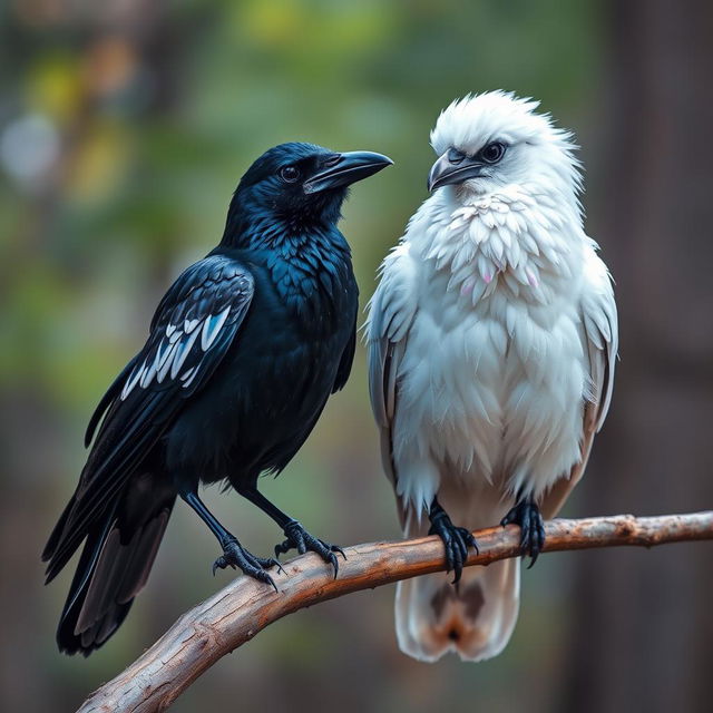 Two intelligent ravens perched on a branch, one predominantly black with striking white feathers that glimmer like glitter, showcasing an iridescent oil-slick rainbow effect, while the other raven is mostly white, accented by hints of black feathers, with the white feathers reflecting an ethereal oil-slick rainbow and the black parts sparkling like glitter