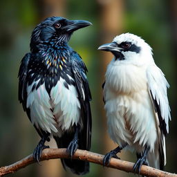 Two intelligent ravens perched on a branch, one predominantly black with striking white feathers that glimmer like glitter, showcasing an iridescent oil-slick rainbow effect, while the other raven is mostly white, accented by hints of black feathers, with the white feathers reflecting an ethereal oil-slick rainbow and the black parts sparkling like glitter