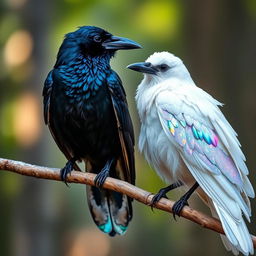 Two intelligent ravens perched on a branch, one predominantly black with striking white feathers that glimmer like glitter, showcasing an iridescent oil-slick rainbow effect, while the other raven is mostly white, accented by hints of black feathers, with the white feathers reflecting an ethereal oil-slick rainbow and the black parts sparkling like glitter