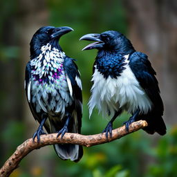 Two intelligent ravens perched on a branch, one predominantly black with striking white feathers that glimmer like glitter, showcasing an iridescent oil-slick rainbow effect, while the other raven is mostly white, accented by hints of black feathers, with the white feathers reflecting an ethereal oil-slick rainbow and the black parts sparkling like glitter