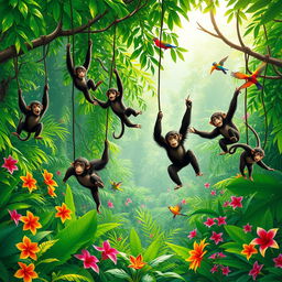 A vibrant jungle scene filled with playful monkeys swinging from lush green vines in a dense, tropical environment