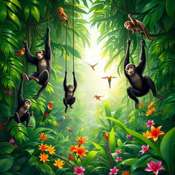 A vibrant jungle scene filled with playful monkeys swinging from lush green vines in a dense, tropical environment