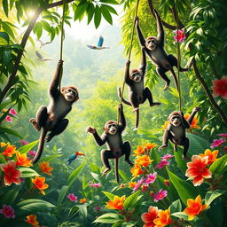 A vibrant jungle scene filled with playful monkeys swinging from lush green vines in a dense, tropical environment