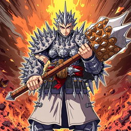 An anime-style illustration of a formidable male warrior clad in spiked armor, completely covered in sharp spikes