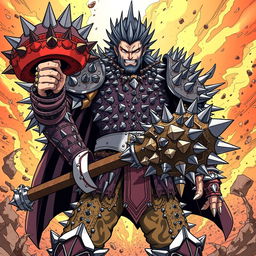 An anime-style illustration of a formidable male warrior clad in spiked armor, completely covered in sharp spikes