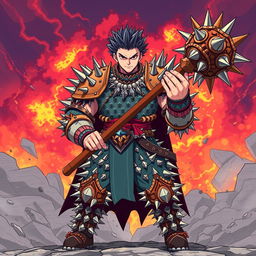 An anime-style illustration of a formidable male warrior clad in spiked armor, completely covered in sharp spikes