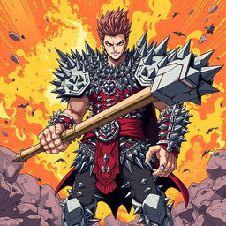 An anime-style illustration of a formidable male warrior clad in spiked armor, completely covered in sharp spikes