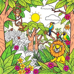 A playful and whimsical jungle scene designed for a children's coloring book