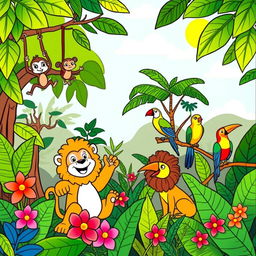 A playful and whimsical jungle scene designed for a children's coloring book