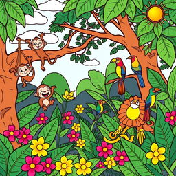 A playful and whimsical jungle scene designed for a children's coloring book