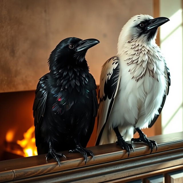 Two intelligent ravens sitting elegantly on a fireplace mantle