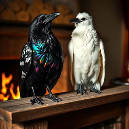 Two intelligent ravens sitting elegantly on a fireplace mantle