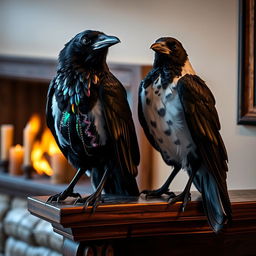 Two intelligent ravens sitting elegantly on a fireplace mantle